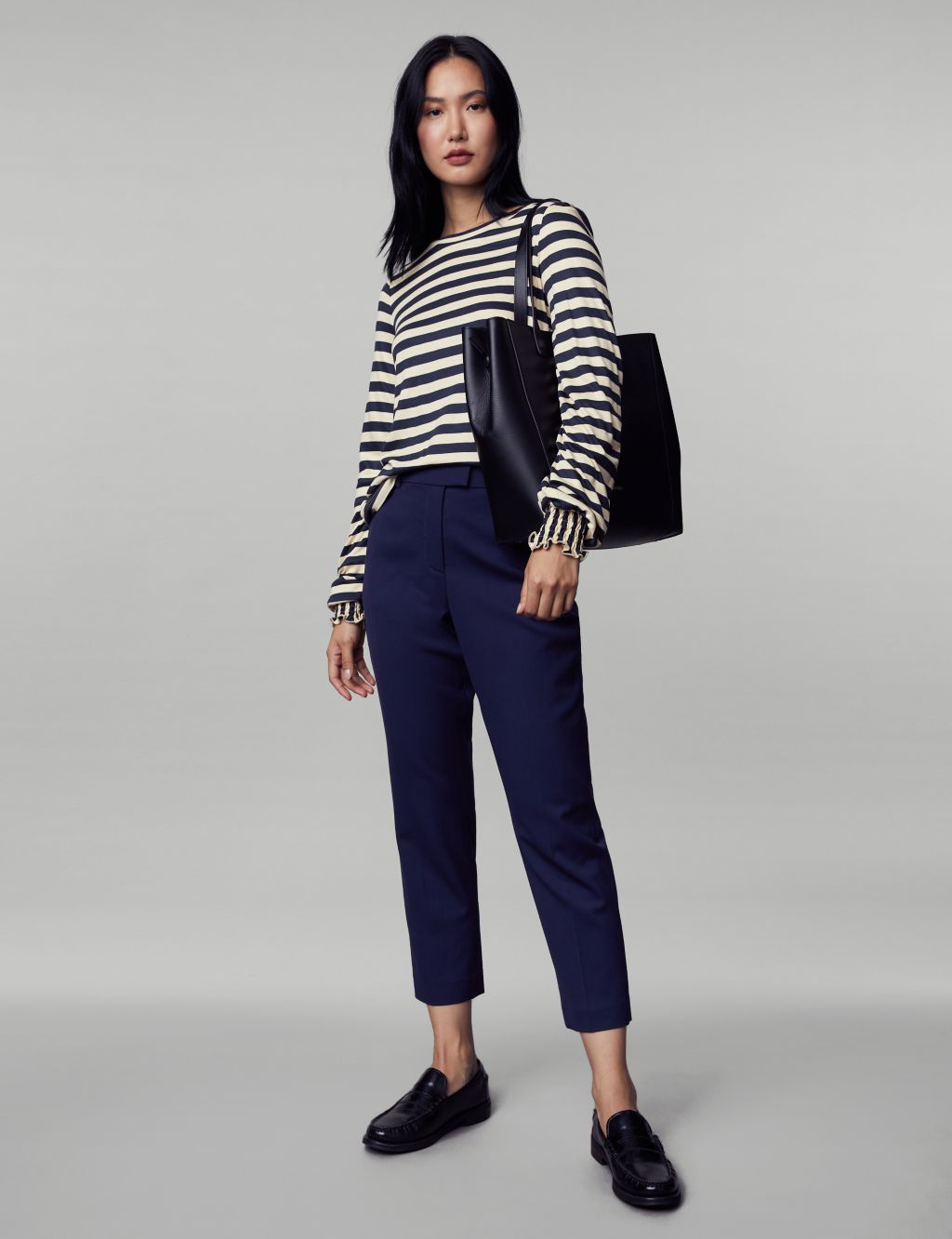 Jersey Striped Shirred Blouson Sleeve Top | JAEGER | M&S