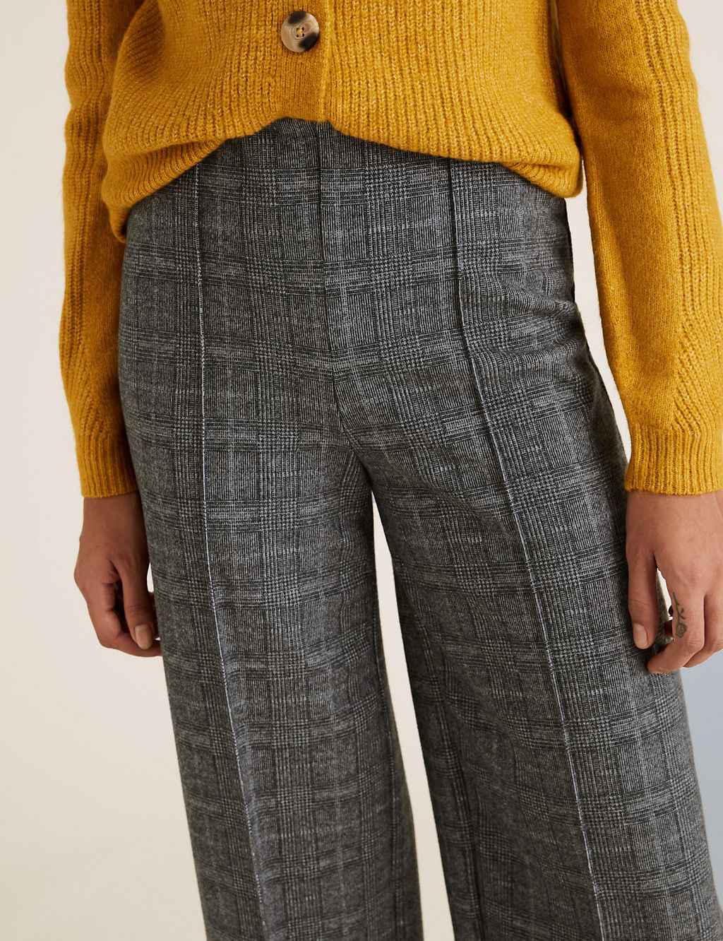Jersey Textured Checked Wide Leg Trousers 2 of 5
