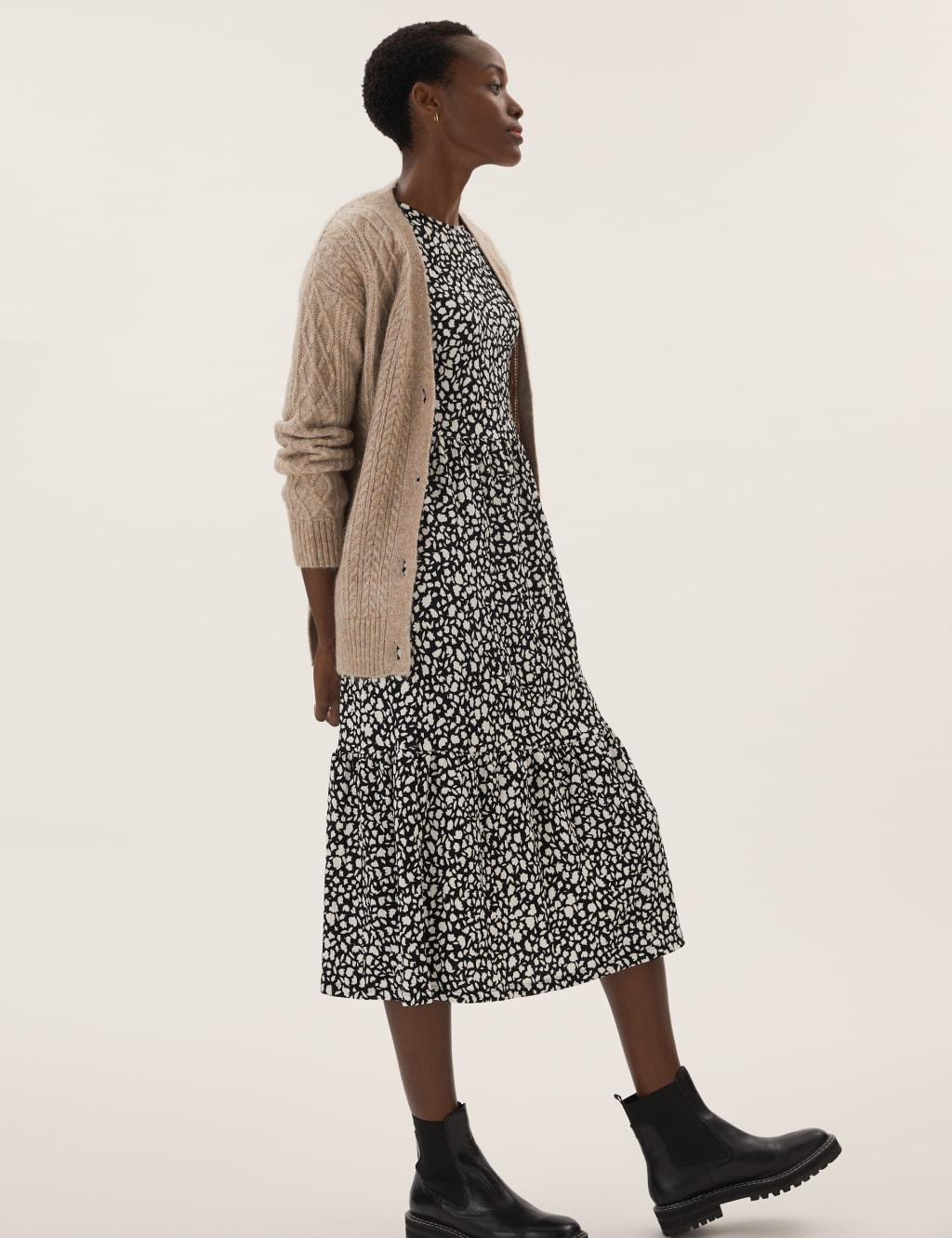 Jersey Textured Floral Midi Tiered Dress M&S Collection M&S