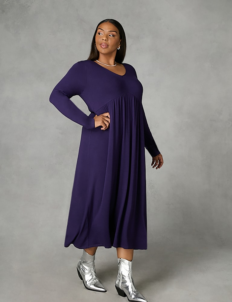 Jersey V Neck Midi Waisted Dress Live Unlimited London M S
