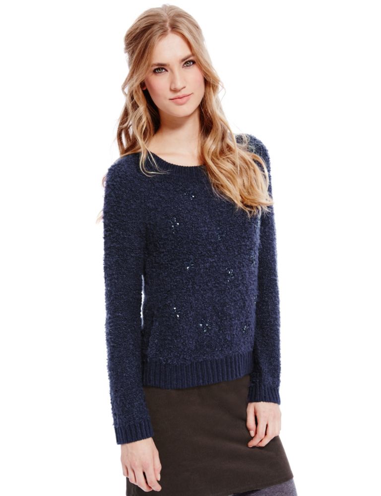 Jewel Embellished Bouclé Jumper with Wool 1 of 4