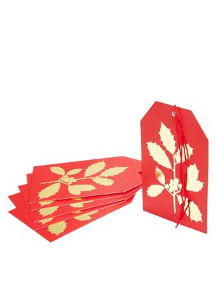 Joyeux Noel 6 Red & Gold Holly Gift Tags Image 1 of 2