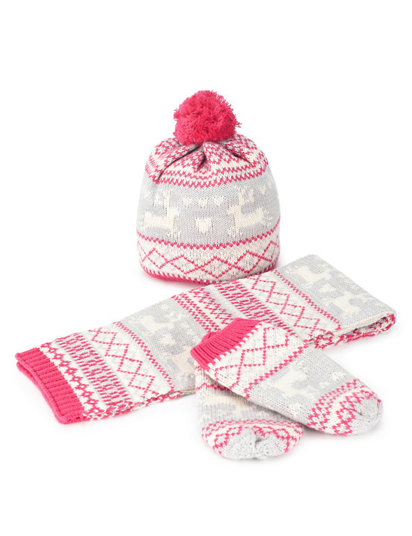 Kids' Cotton Rich Christmas Fair Isle Hat, Scarf & Gloves Set with Wool Image 1 of 1
