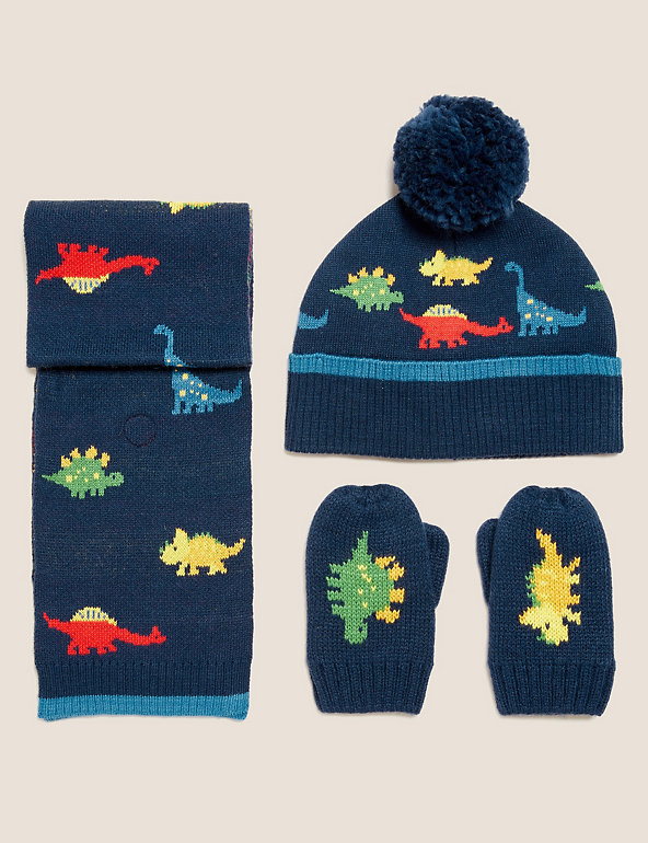 accsa Toddler Kids Boy Novelty Knit Winter Warm Beanie Hat Gloves Dino Set