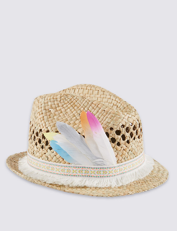 Kids' Feather Trim Straw Trilby Hat Image 1 of 1