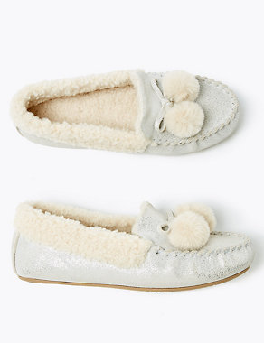 Kids’ Freshfeet™ Suede Pom Pom Slippers (13 Small - 6 Large) Image 2 of 5
