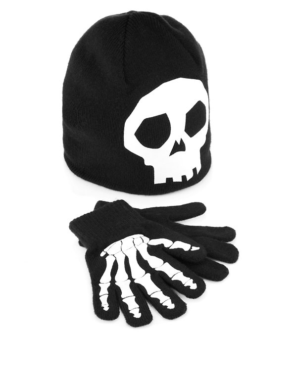 Kids' Glow in the Dark Skeleton Hat & Gloves Set Image 1 of 1