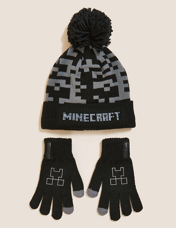 Minecraft Woven Mine Kids Beanie Hat Cap and Gloves Set New Green 