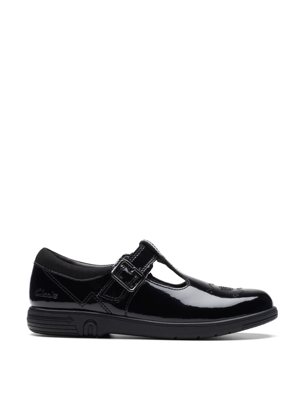 Clarks patent t strap sandals sales