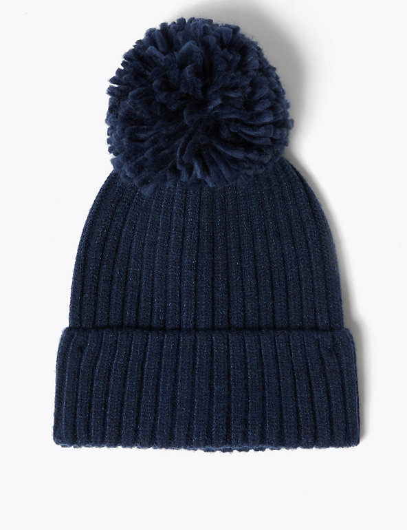 Boys Kids Warm Winter Knitted Bobble Beanie Hat with Pom Pom Age 6-10 Yrs BLUE