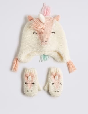 Kids Unicorn Trapper Hat Mittens Set M S