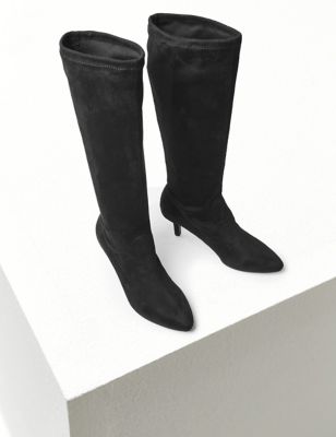 black suede kitten heel knee high boots
