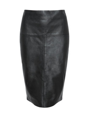 Knee Length Ponte Pencil Skirt with Leather Front Image 2 of 6