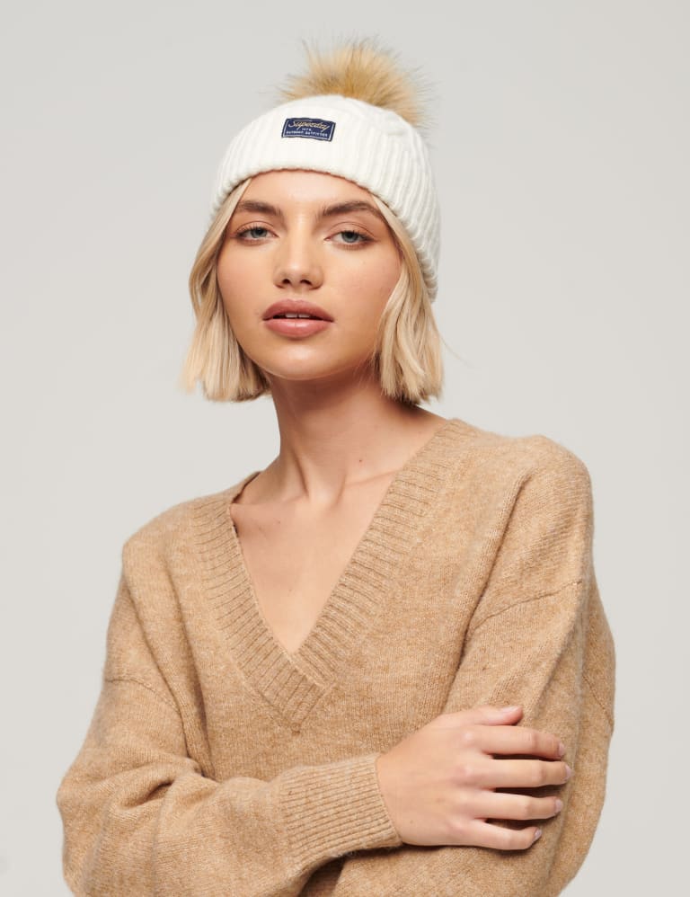Knitted Cable Faux Fur Pom Beanie Hat Superdry M S