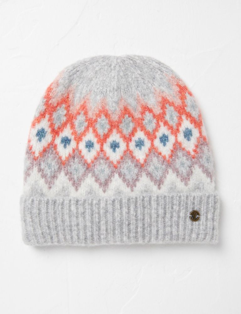 Knitted Fair Isle Beanie Hat with Wool 1 of 2