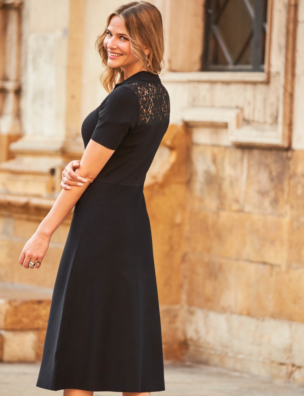Black lace midi skater dress top