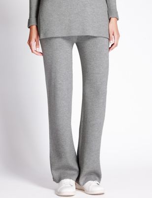 Knitted Ribbed Wide Leg Trousers with Wool, Autograph
