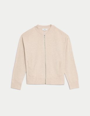 Knitted Textured Crew Neck Bomber Cardigan Image 2 of 6