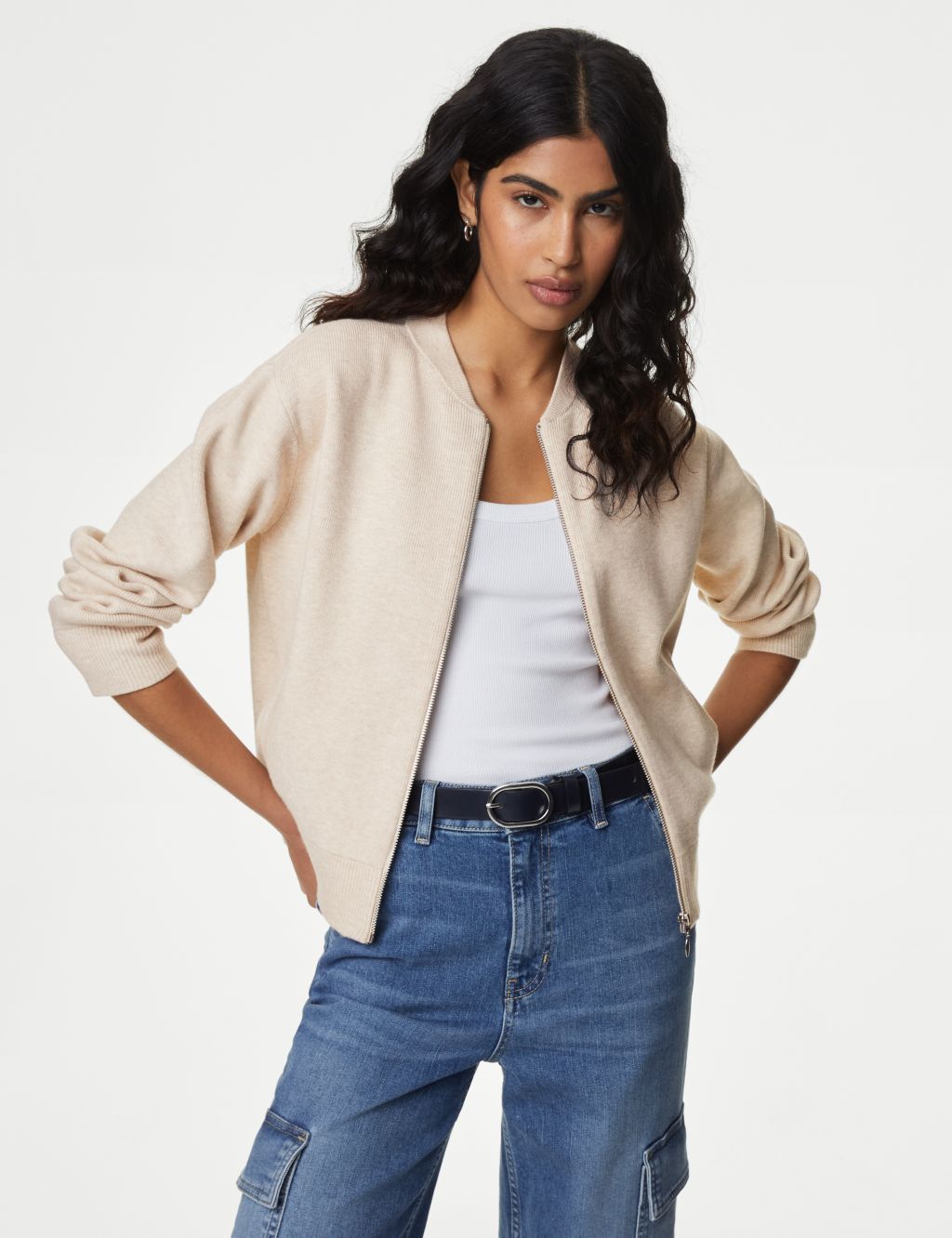 Knitted Textured Crew Neck Bomber Cardigan 3 of 6