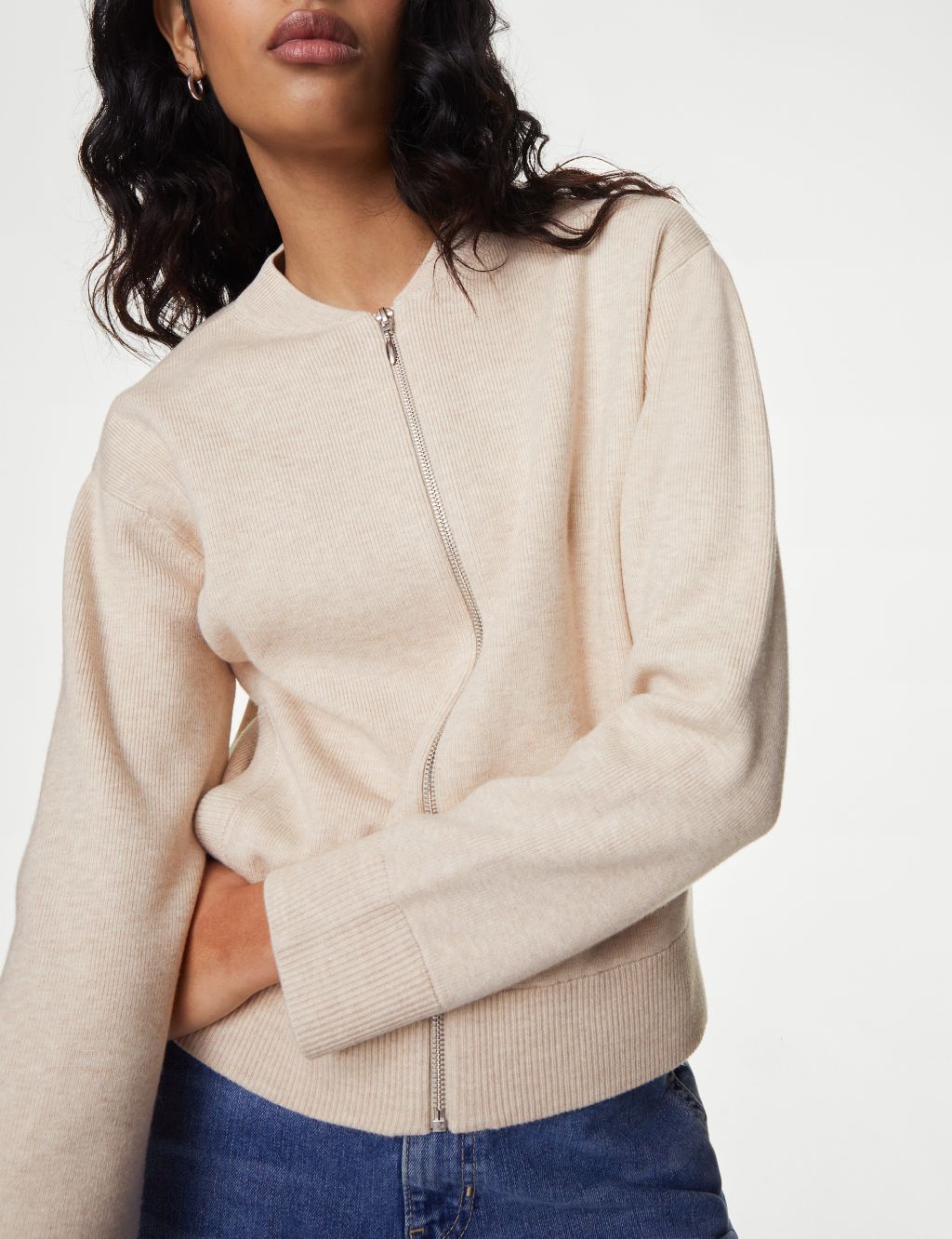 Knitted Textured Crew Neck Bomber Cardigan 4 of 6
