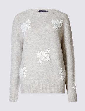 Lace Applique Textured Round Neck Jumper Image 2 of 4