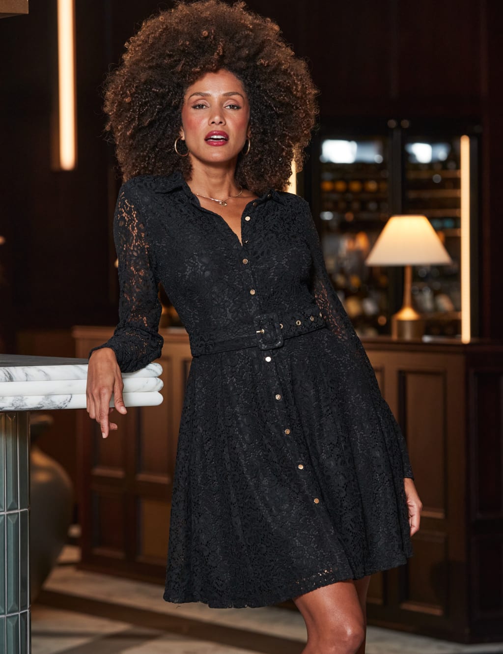 Lace Belted Knee Length Shirt Dress