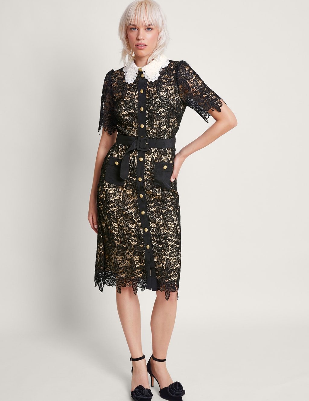 Lace Collared Knee Length Shirt Dress 3 of 5