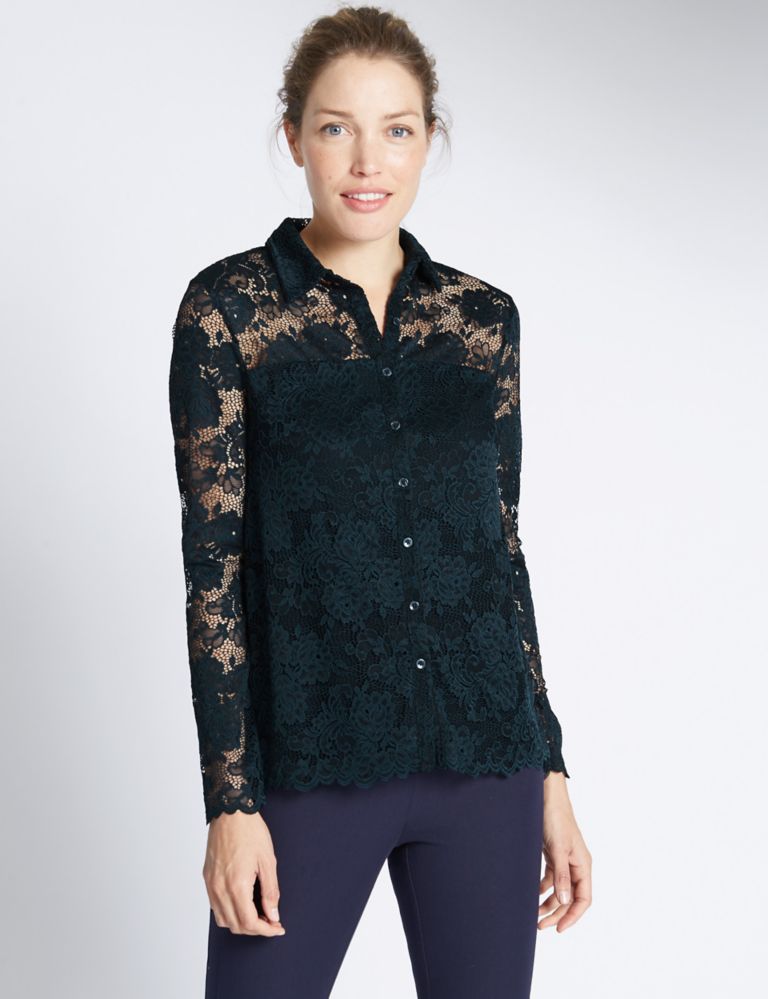 Lace Collared Neck Long Sleeve Top 1 of 3