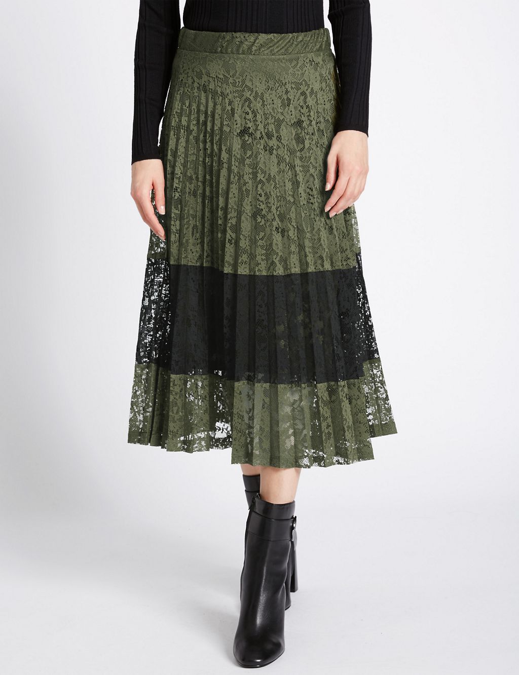 Lace Colour Block Pleated Midi Skirt 3 of 3