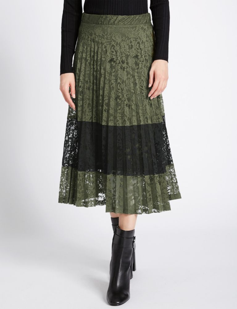 Lace Colour Block Pleated Midi Skirt 1 of 3
