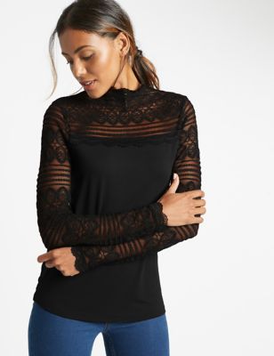 Lace Funnel Neck Long Sleeve Jersey Top, M&S Collection