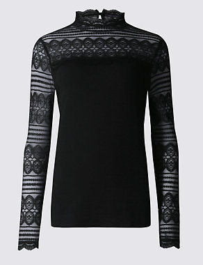 Lace Funnel Neck Long Sleeve Jersey Top Image 2 of 4