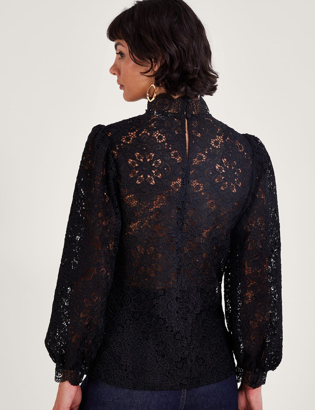 Lace High Neck Blouson Sleeve Blouse