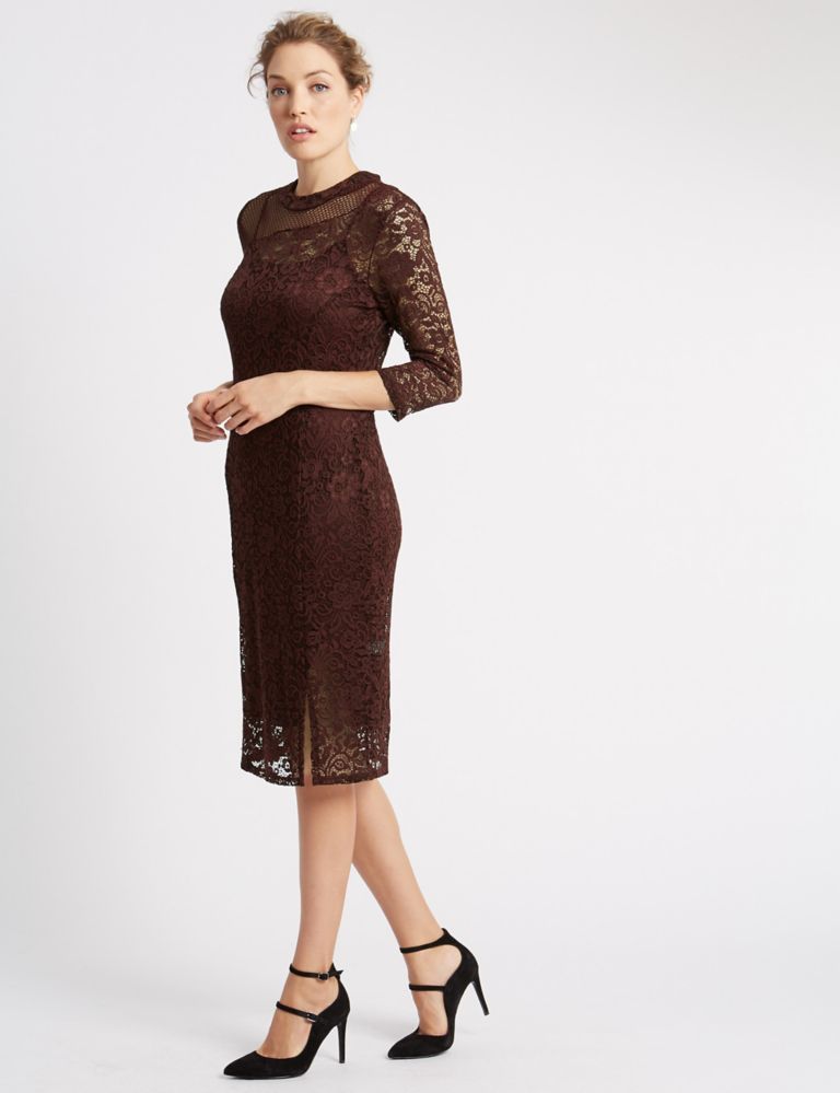 Lace Mesh 3/4 Sleeve Bodycon Dress 1 of 4