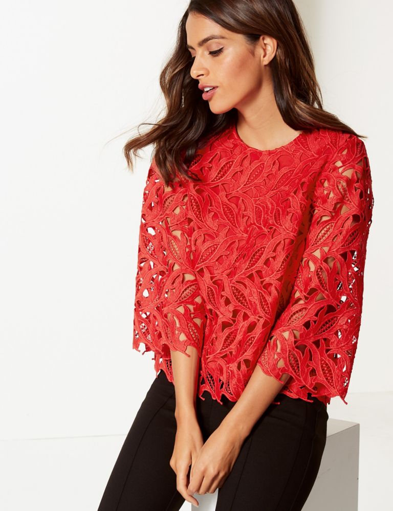 Lace Round Neck 3/4 Sleeve Blouse 1 of 4