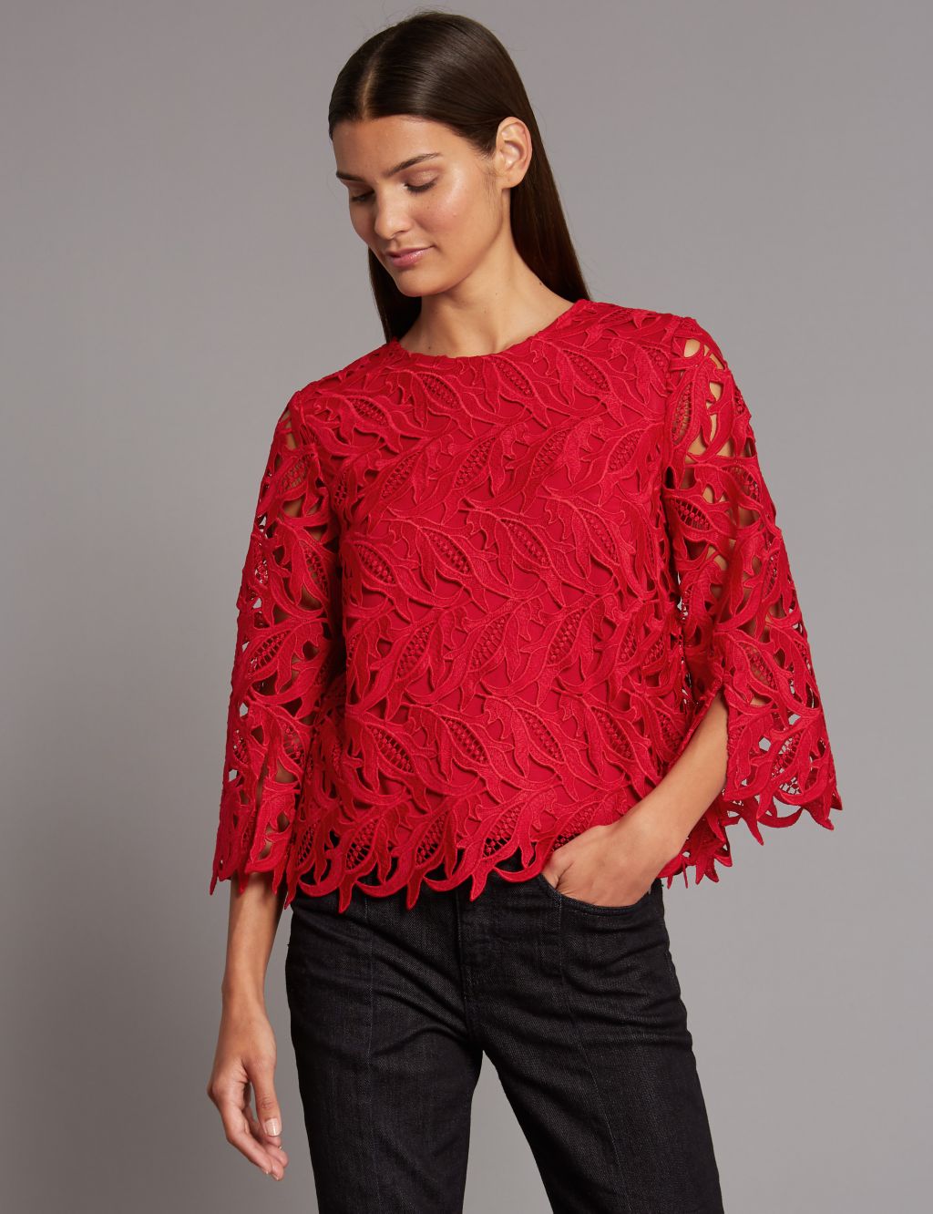 Lace Round Neck 3/4 Sleeve Shell Top 2 of 5