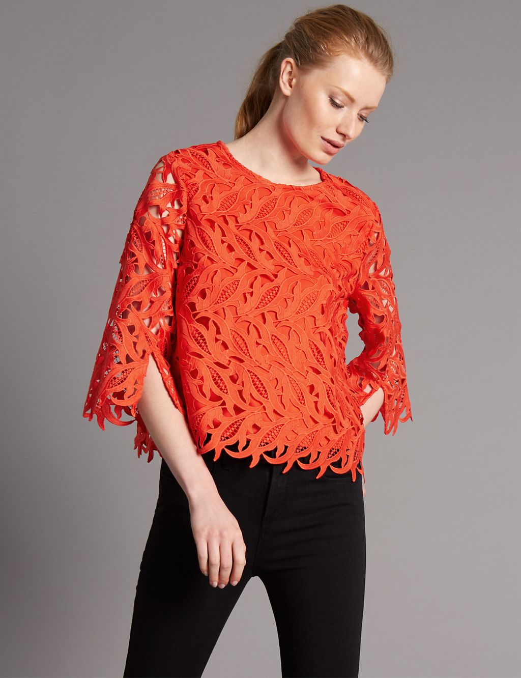 Lace Round Neck 3/4 Sleeve Shell Top 3 of 4