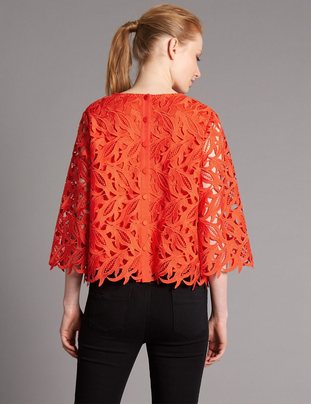 Lace Round Neck 3/4 Sleeve Shell Top 2 of 4