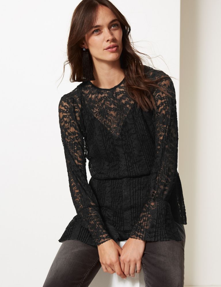 Lace Round Neck Long Sleeve Peplum Top 1 of 4