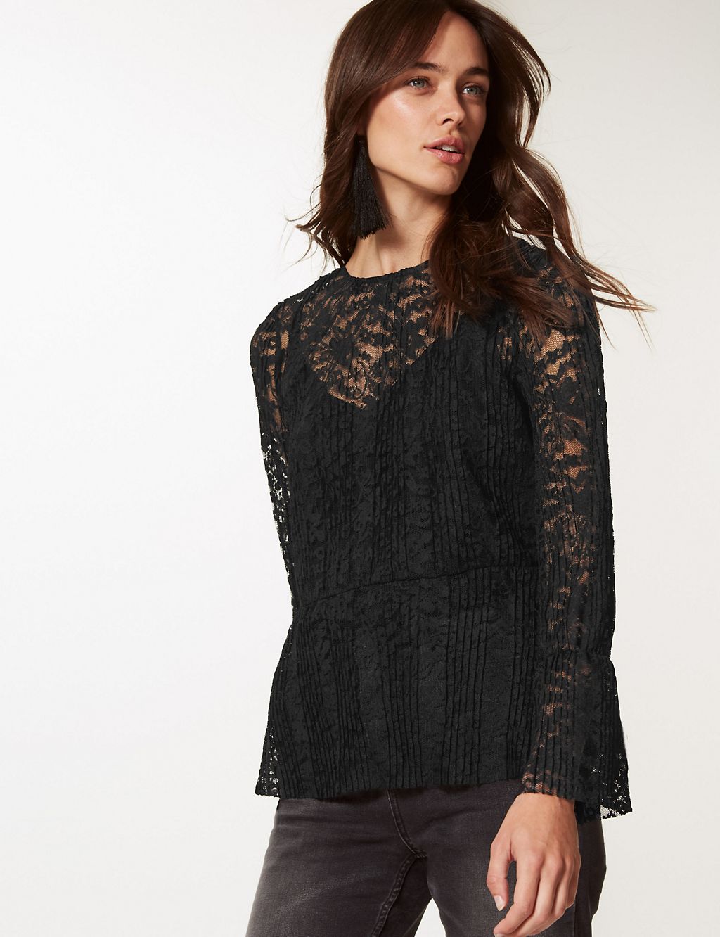 Lace Round Neck Long Sleeve Peplum Top 2 of 4