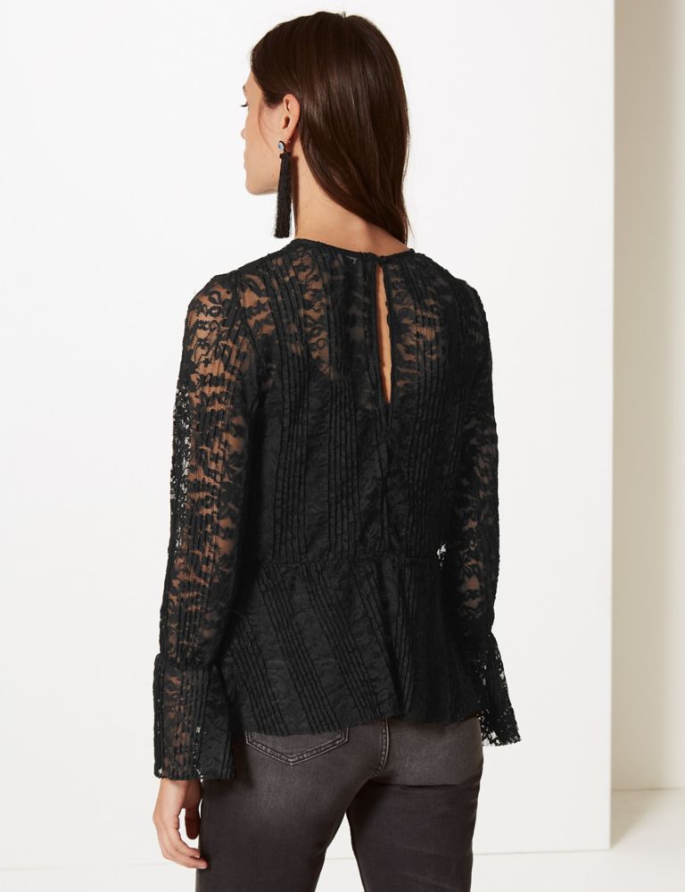 Lace Round Neck Long Sleeve Peplum Top 4 of 4
