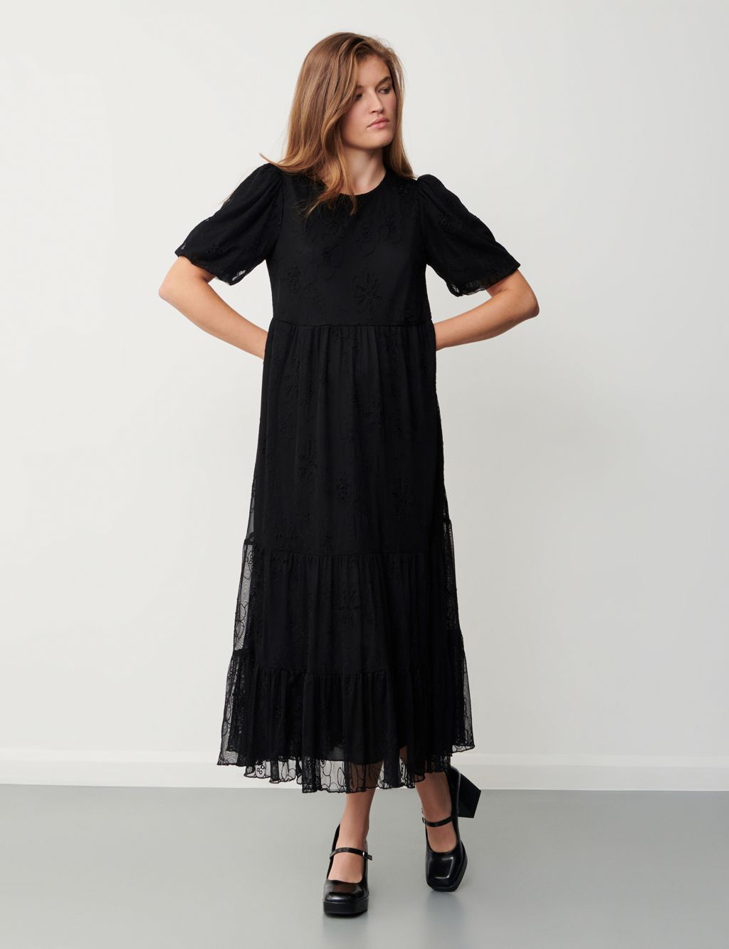 Lace Round Neck Midi Tiered Skater Dress | Finery London | M&S