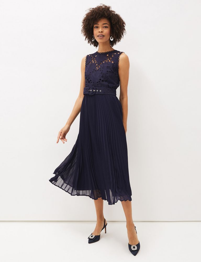 Lace Round Neck Pleated Midi Waisted Dress 1 of 4