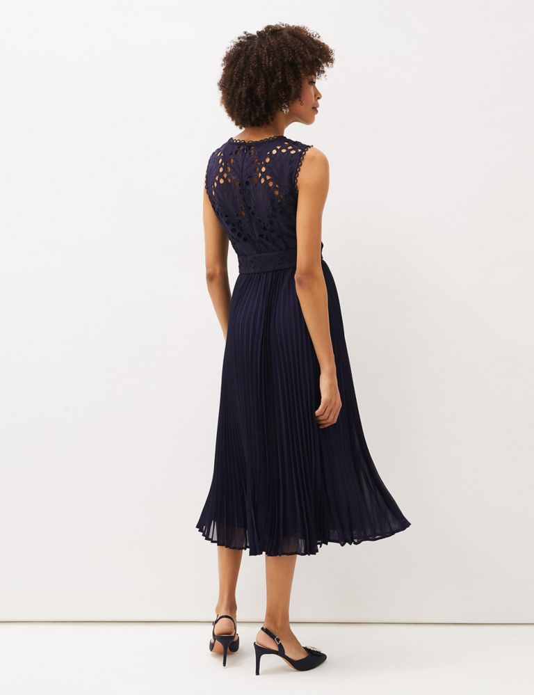 Lace Round Neck Pleated Midi Waisted Dress 3 of 4