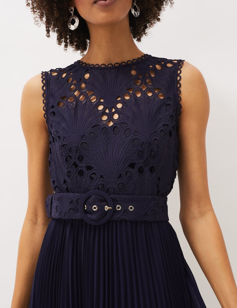 Lace Round Neck Pleated Midi Waisted Dress Phase Eight M S