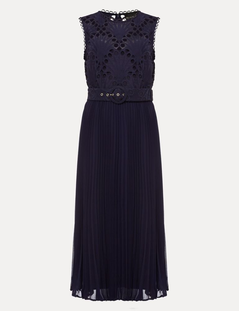 Lace Round Neck Pleated Midi Waisted Dress 2 of 4