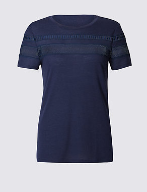 Lace Trim Round Neck Short Sleeve T-Shirt Image 2 of 4