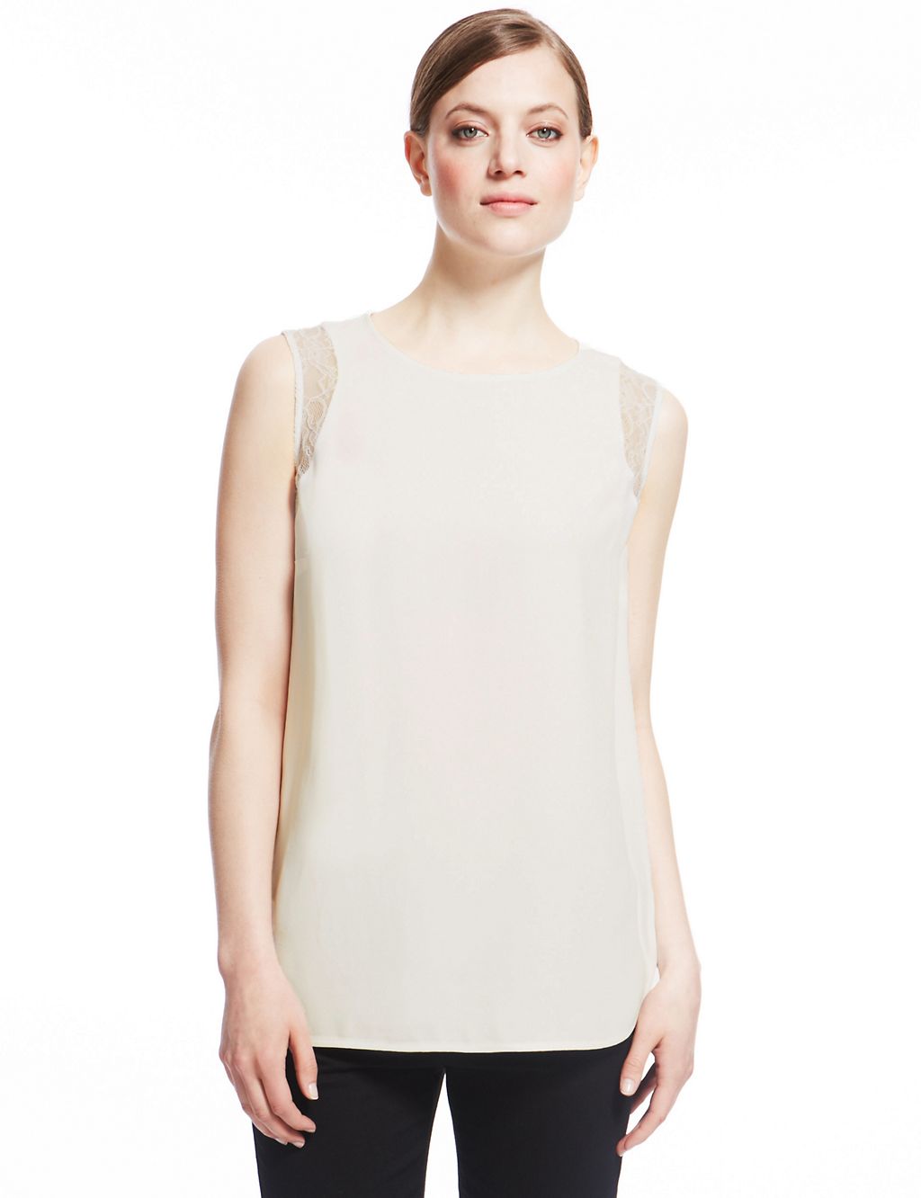Lace Trim Round Neck Sleeveless Shell Top 2 of 5