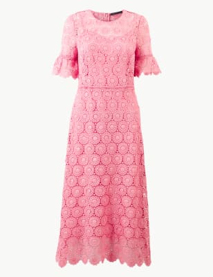 Pure Cotton Lace Trim Midi Waisted Dress Per Una M&S #sponsored ,  #affiliate, #Lace, #Trim, #Pure, #Cotton, #Dress