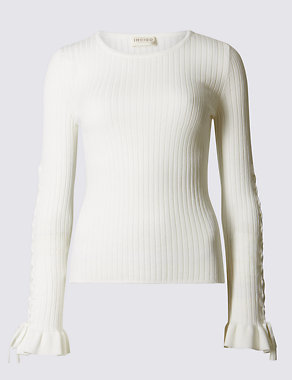 Lace-up Sleeve Ribbed Round Neck Jumper Image 2 of 4